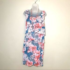 NWT Sleeveless Boat Neck Tiered Floral Dress Teal Pink, Connected Apparel